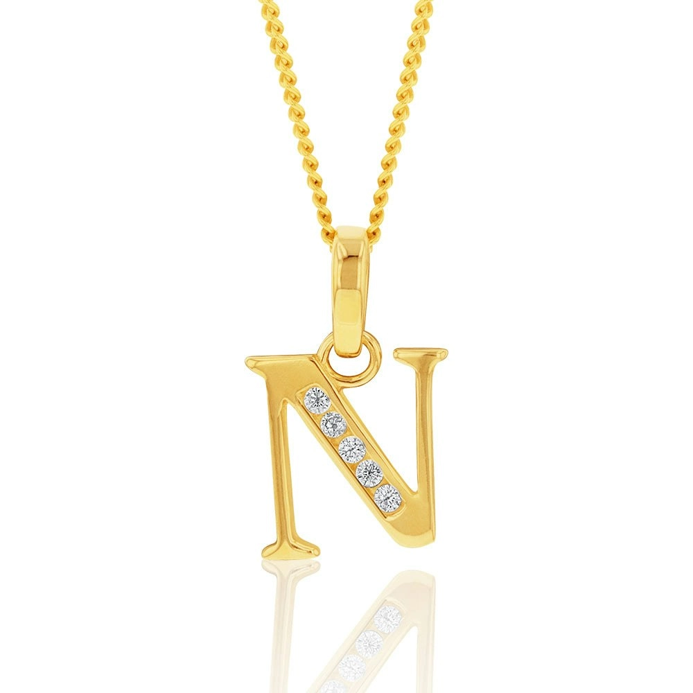 9ct Yellow Gold Initial N Zirconia Pendant