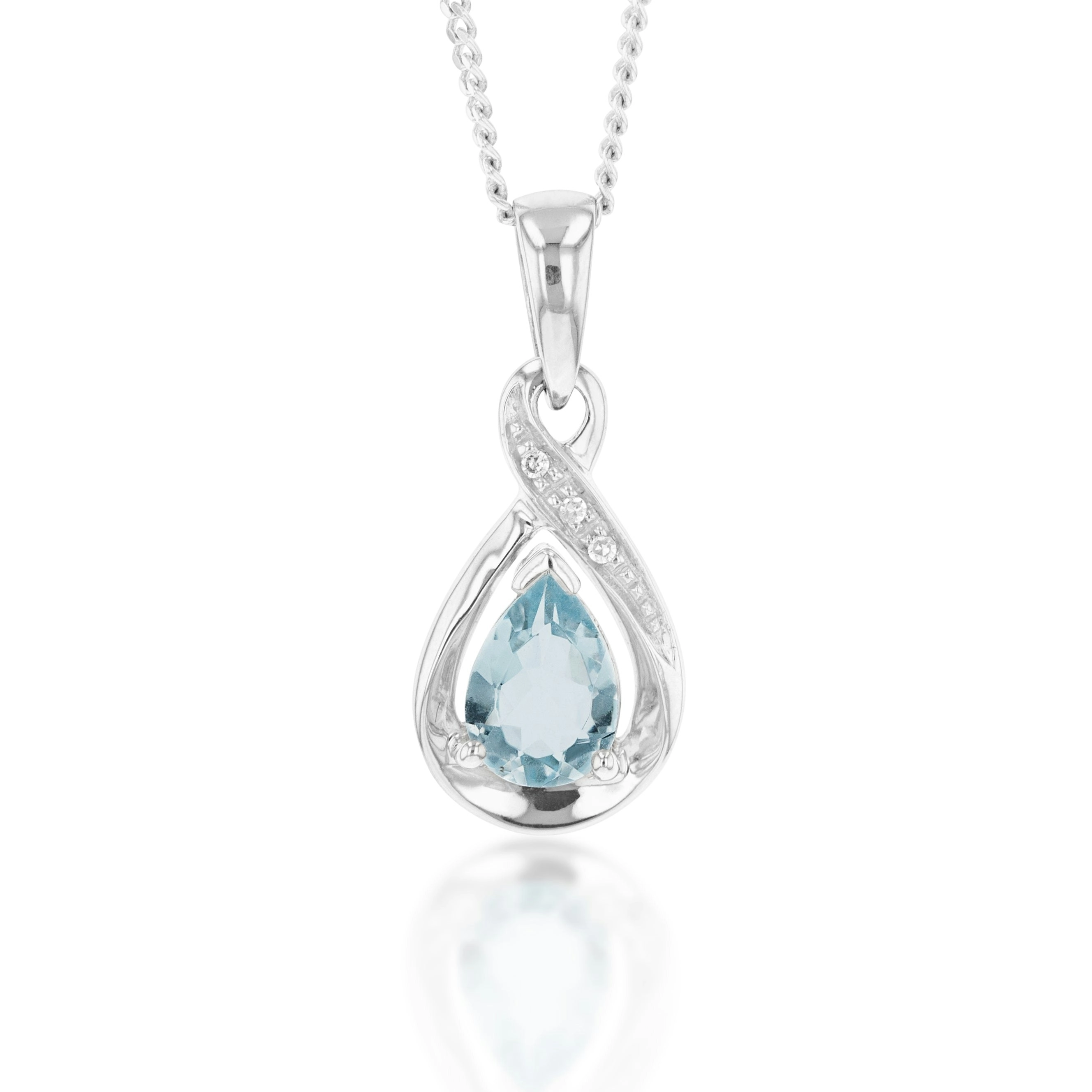 9ct White Gold Pear Shaped Aquamarine + Diamond Pendant