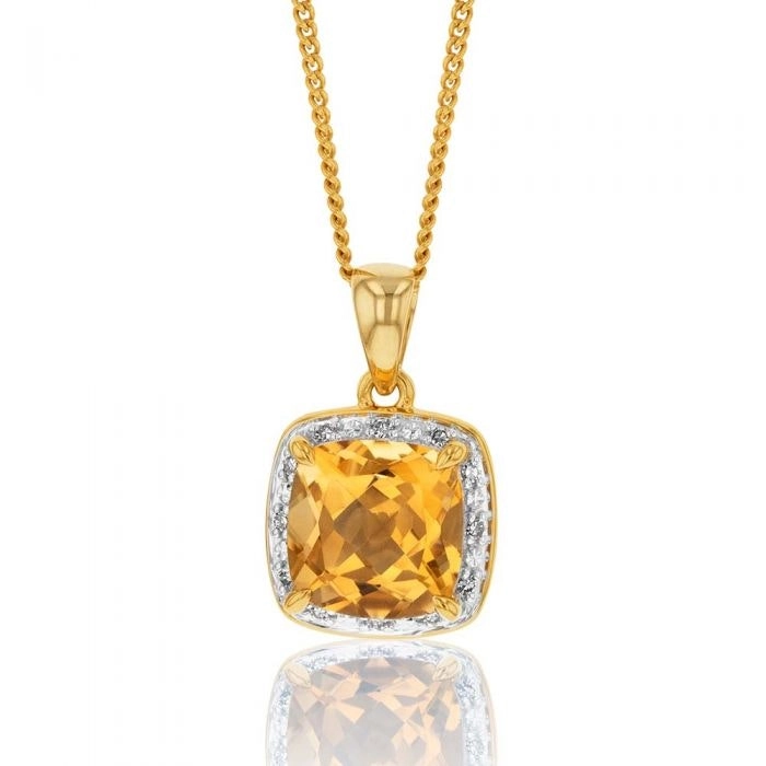 9ct Yellow Gold 8mm 2.00ct Citrine and Diamond Cushion Cut Pendant