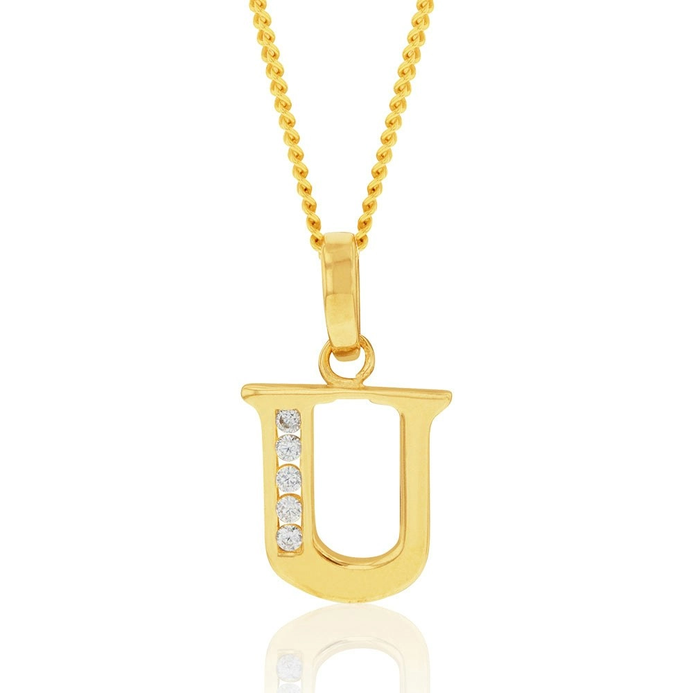 9ct Yellow Gold Initial U Zirconia Pendant