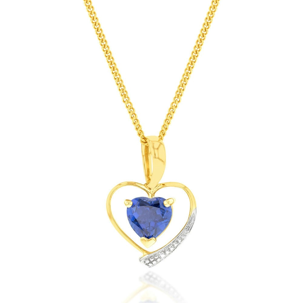 9ct Yellow Gold Created Sapphire Heart Pendant