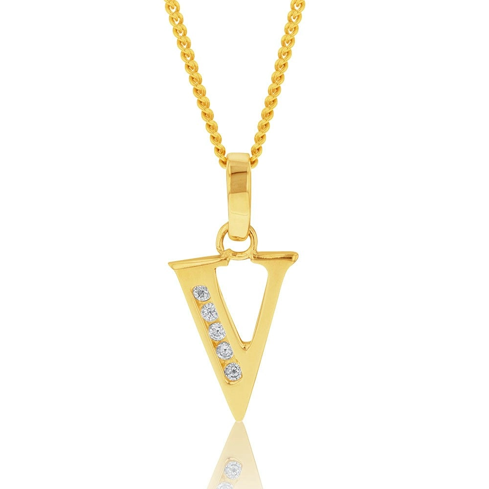 9ct Yellow Gold Initial V Zirconia Pendant