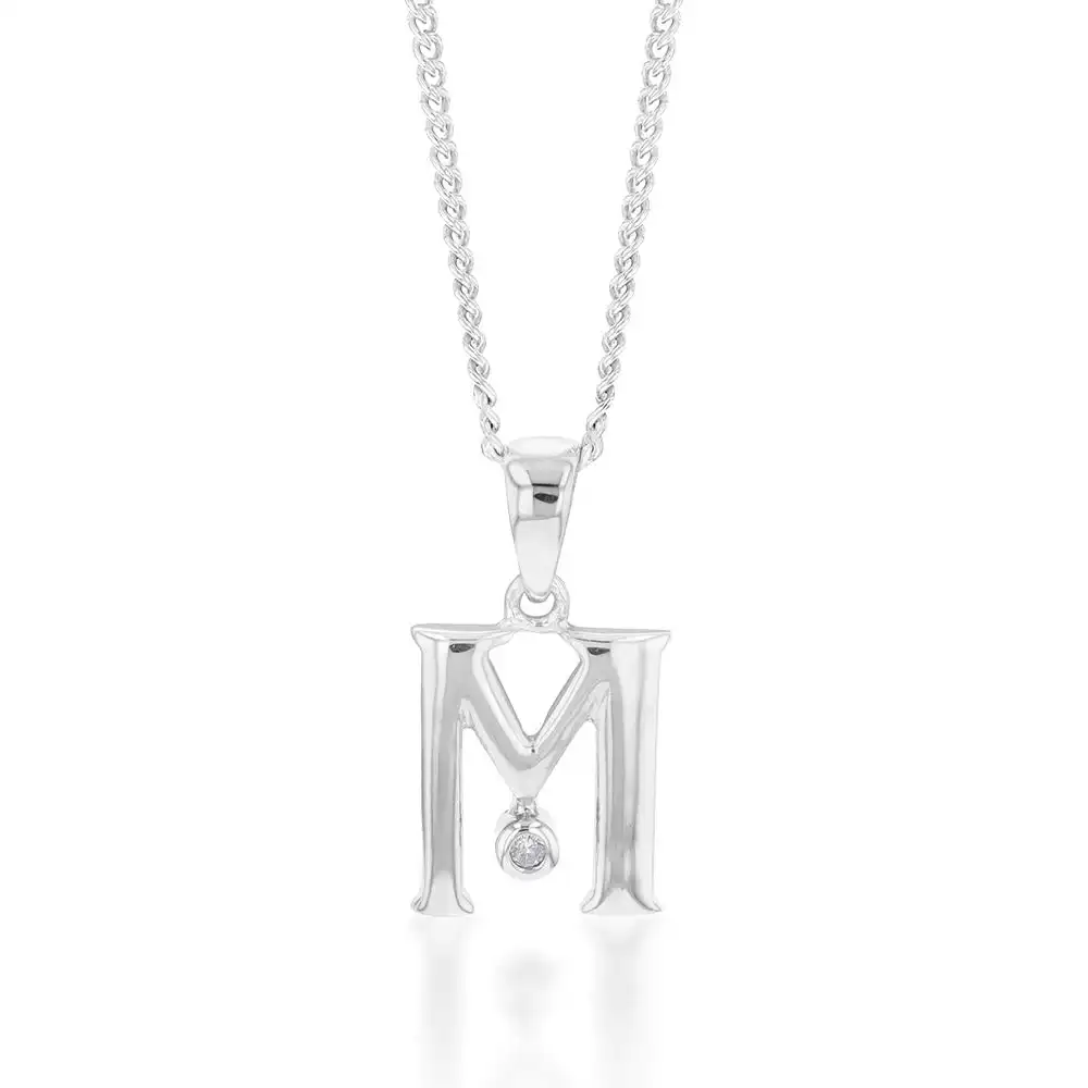 Silver Pendant Initial M set with Diamond