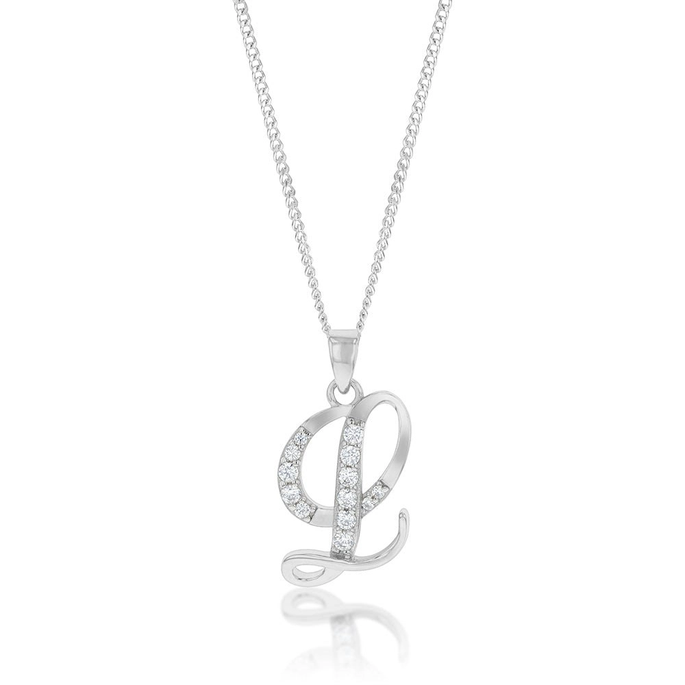 Sterling Silver Rhodium Plated Cubic Zirconia Script "L" Initial Pendant