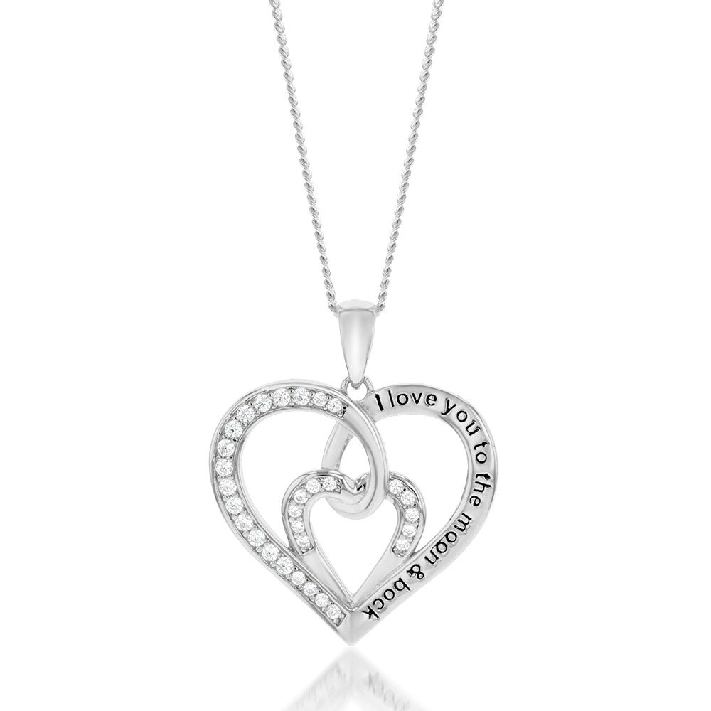 Sterling Silver Rhodium Plated White Cubic Zirconia Inscription Fancy Heart Pendant