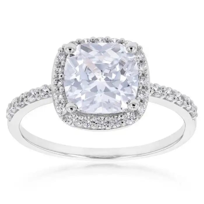 9ct White Gold 8mm Cushion Cut Cubic Zirconia Halo Ring