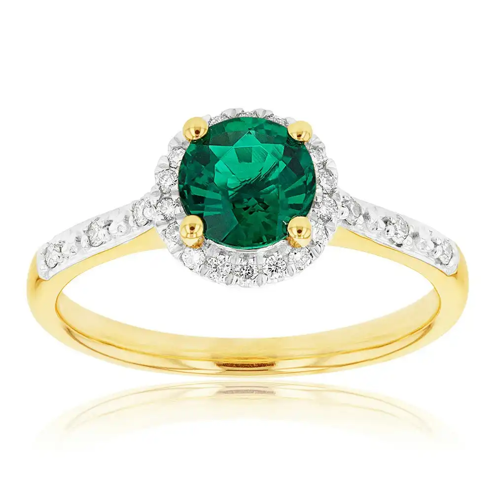 9ct Yellow Gold 6mm Created Emerald and Diamond Halo Ring