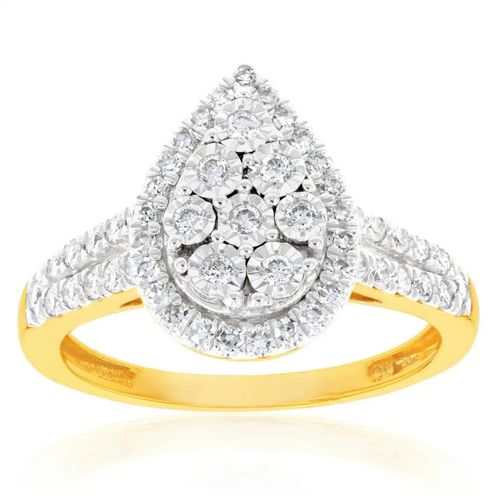Luminesce Lab Grown Pear Ring with 1/2 Carat 54 Diamonds Set in 9 Carat Yellow Gold