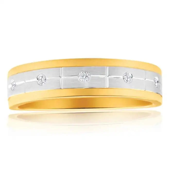 9ct Yellow Gold & White Gold Mens Ring With 0.05 Carats Of Diamonds