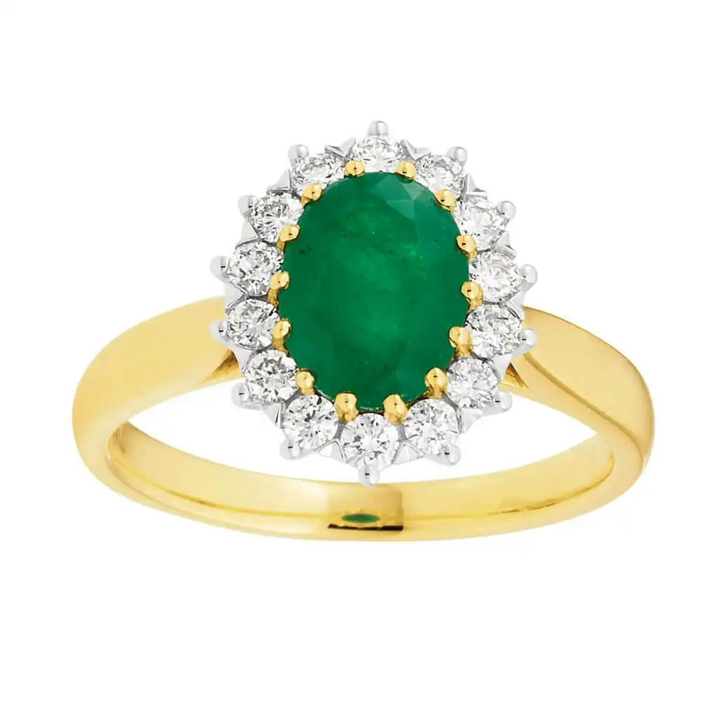 18ct Yellow Gold Natural Emerald 8x6mm and Diamond Ring