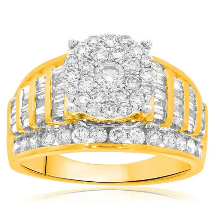 9ct Yellow Gold 2 Carat Diamond Ring set with 53 Brilliant and 44 Taperd Diamonds