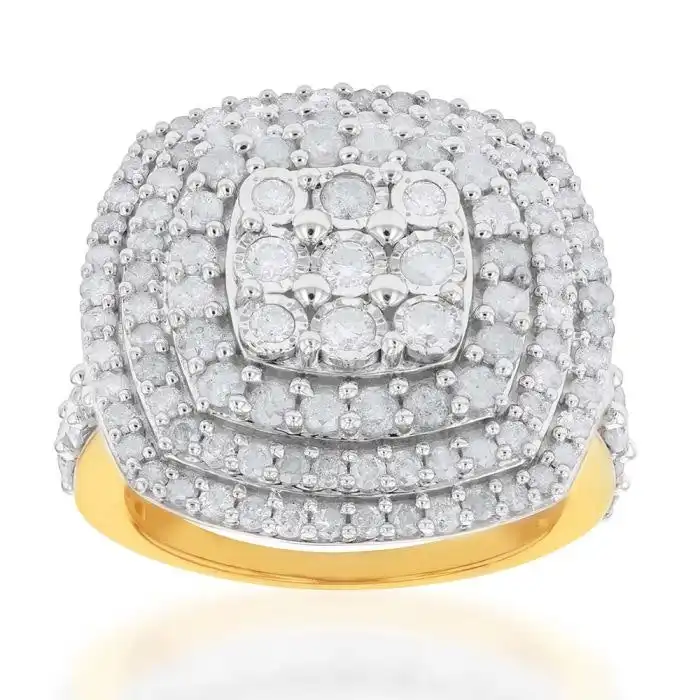 Sterling Silver and 9ct Yellow Gold 2 Carat Diamond Cushion Shape Cluster Ring