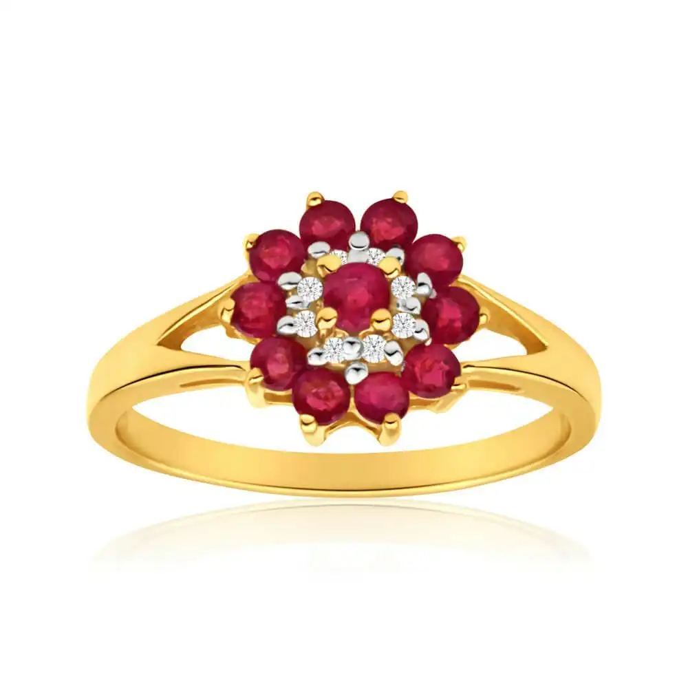 9ct Yellow Gold Natural Ruby and Diamond Cluster Ring