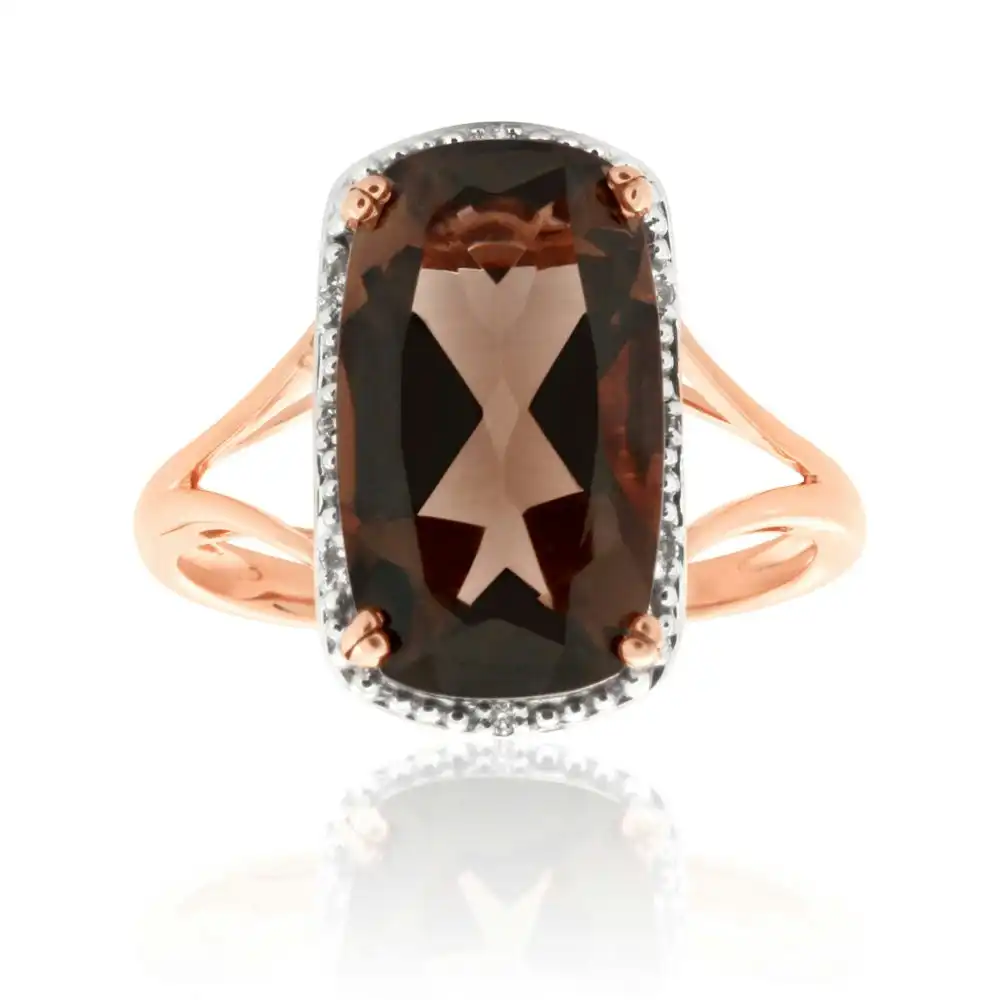 9ct Rose Gold 4.00 Carats Smokey Quartz and Diamond Ring  *No Resize*