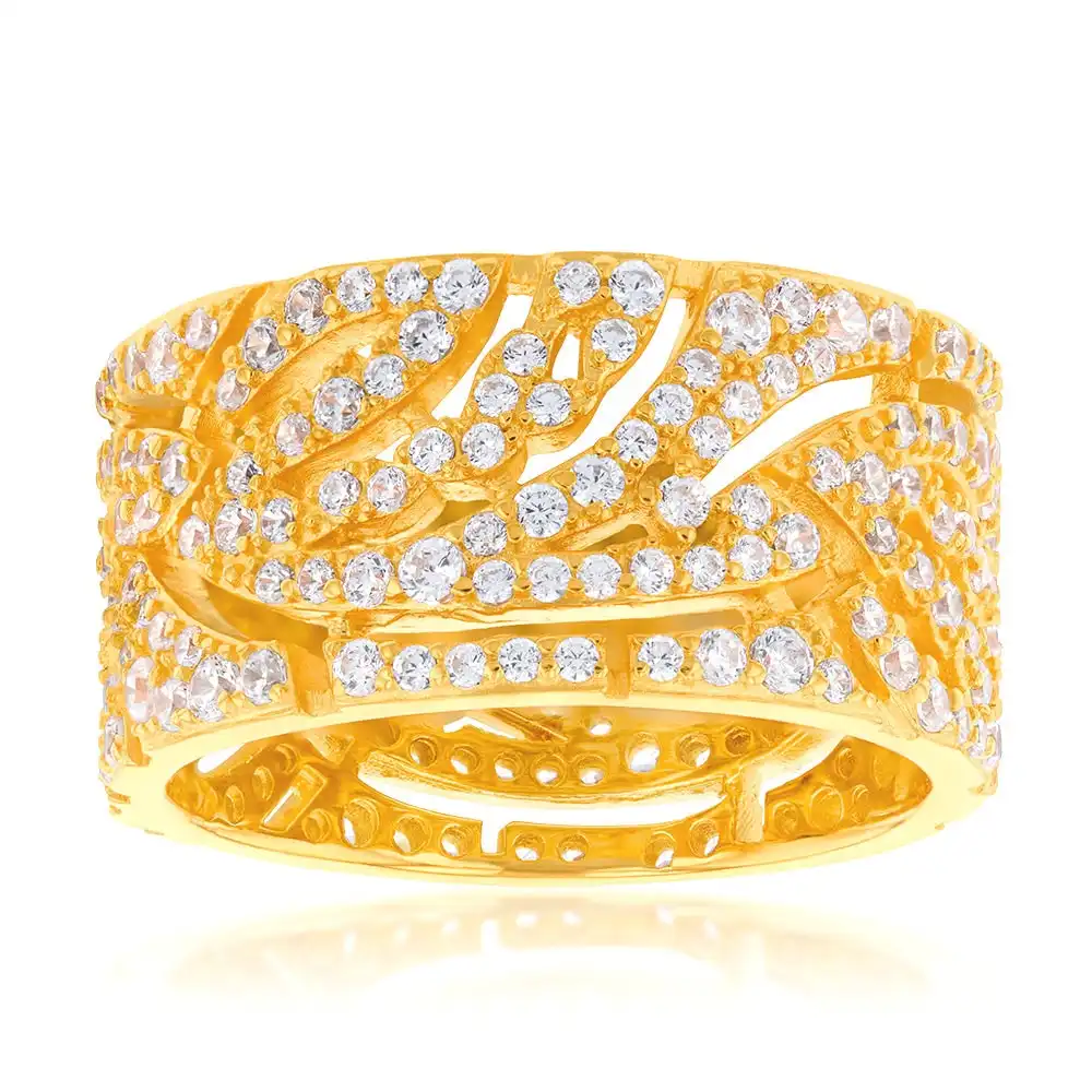 Sterling Silver Gold Plated Cubic Zirconia On Feather Broad Ring