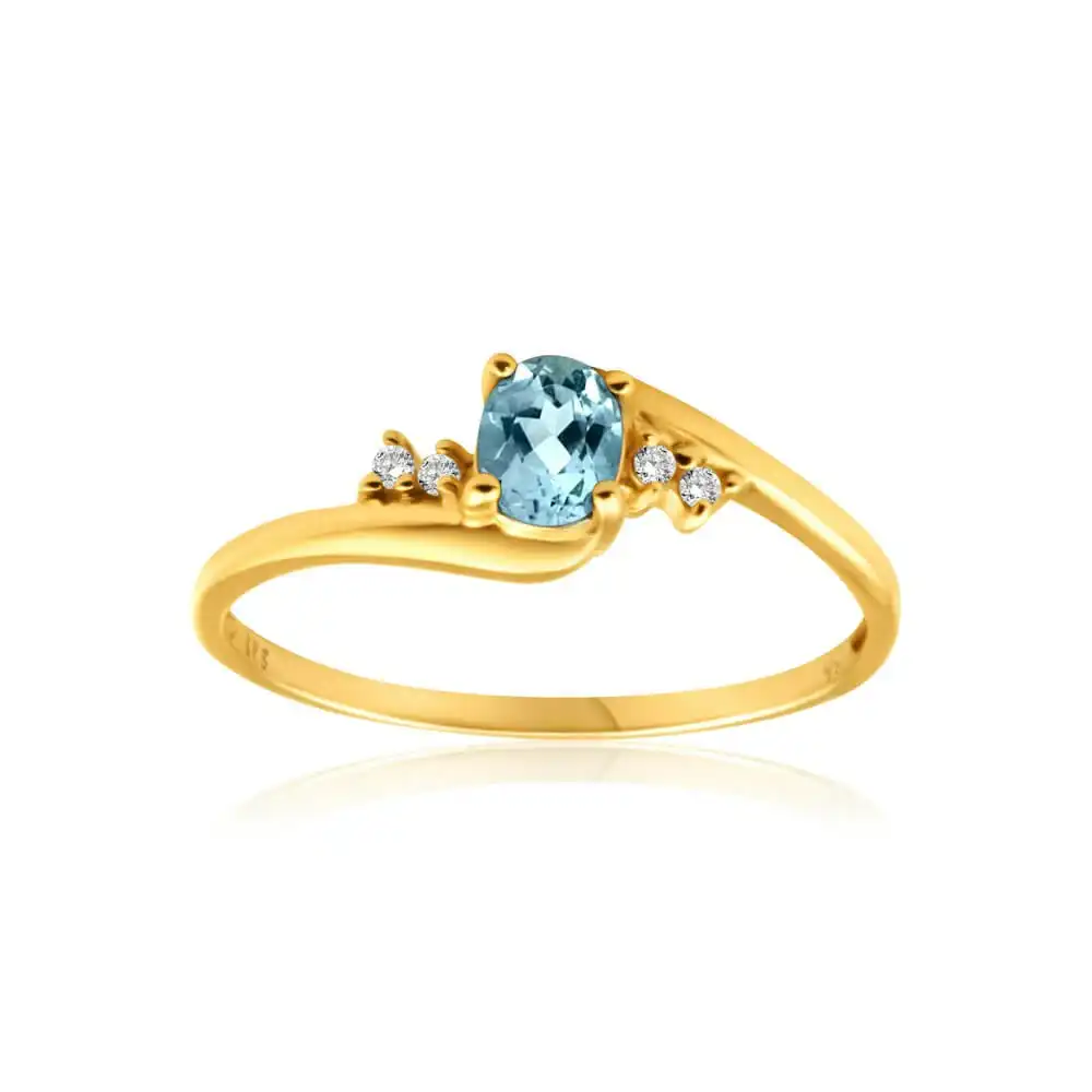 9ct Yellow Gold Blue Topaz + 4 Cubic Zirconia Ring