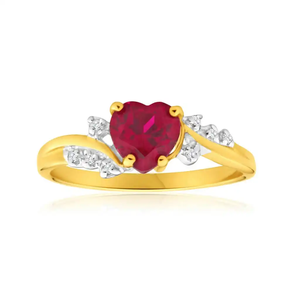 9ct Yellow Gold Heart Created Ruby + Diamond Ring