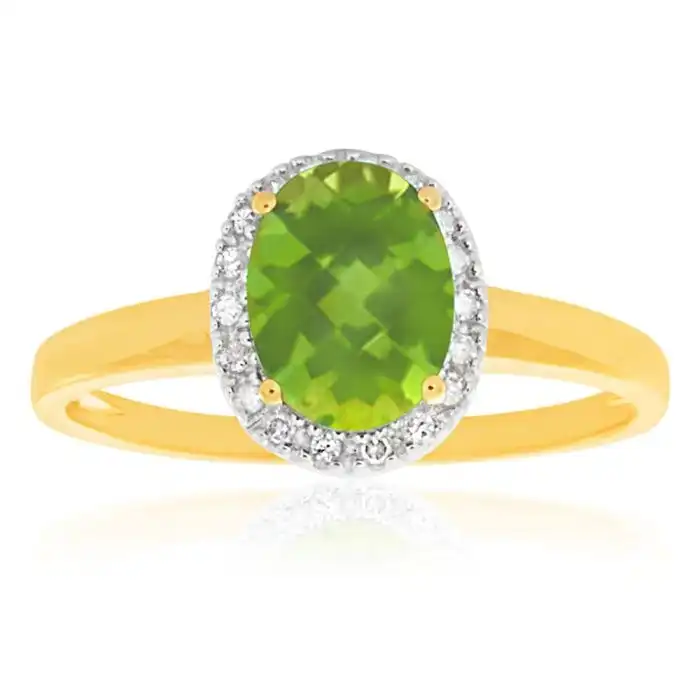 9ct Yellow Gold & White Gold Peridot and Diamond Halo Ring