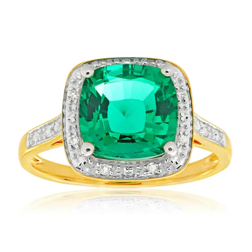 9ct Yellow Gold Cushion Cut Created Emerald 9mm and Diamond Ring