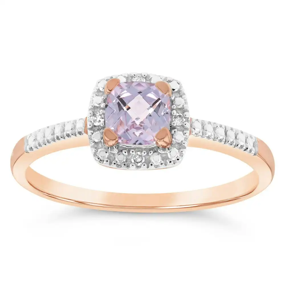 9ct Rose Gold Created Morganite And Diamond Cushion Ring