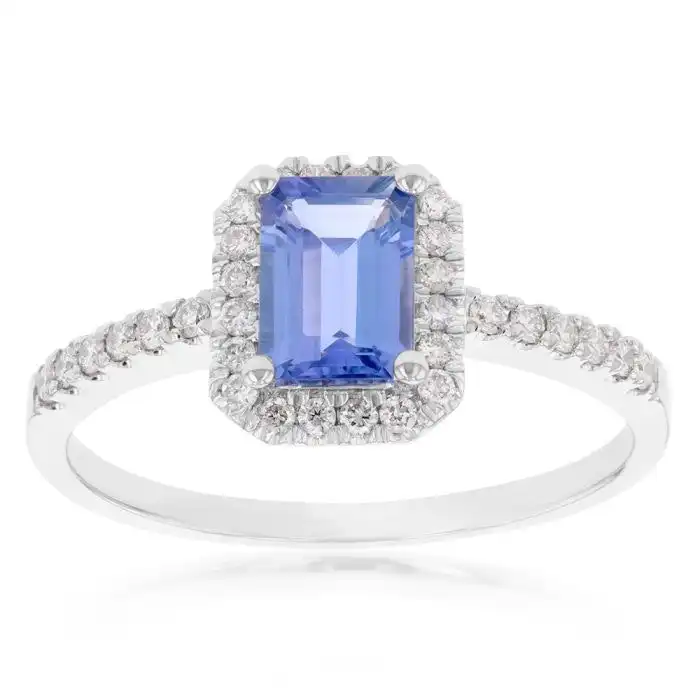 9ct White Gold Tanzanite and Diamond Emerald Cut Ring
