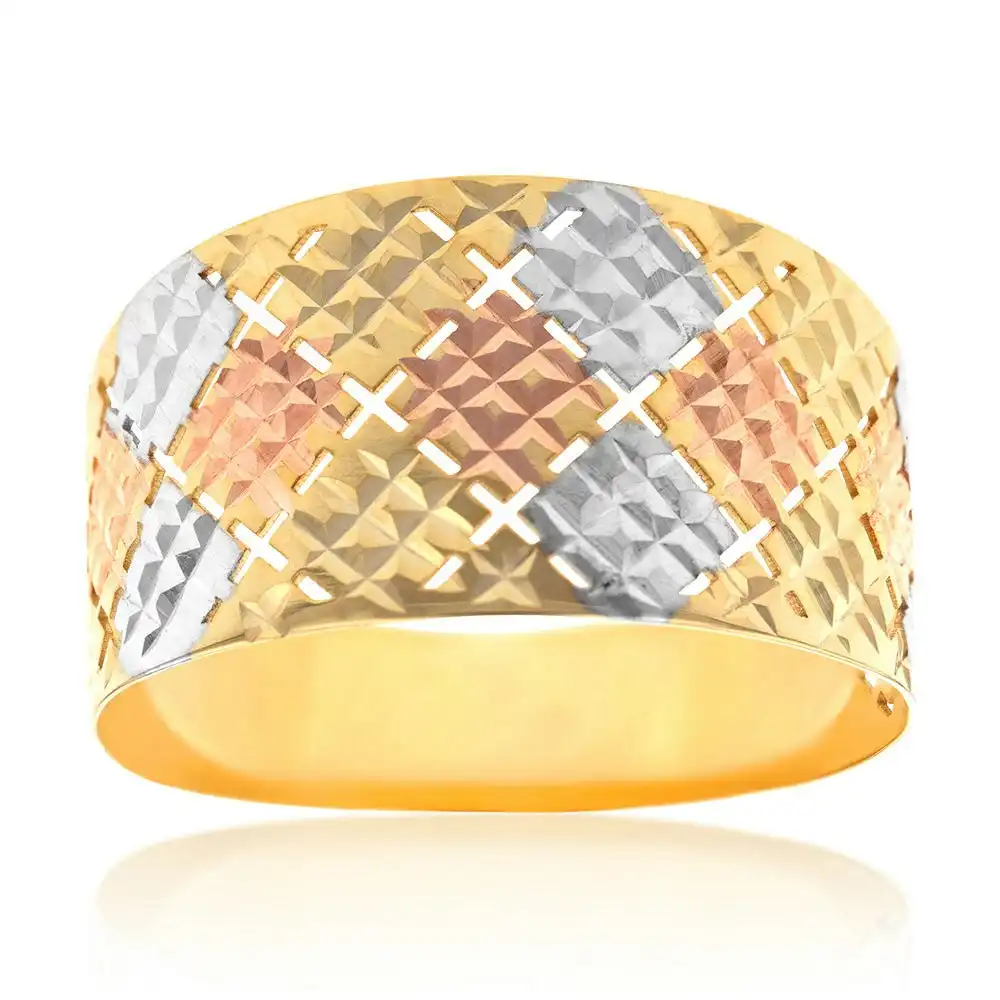 9ct Yellow And White Gold Patterned Broad Band Ring