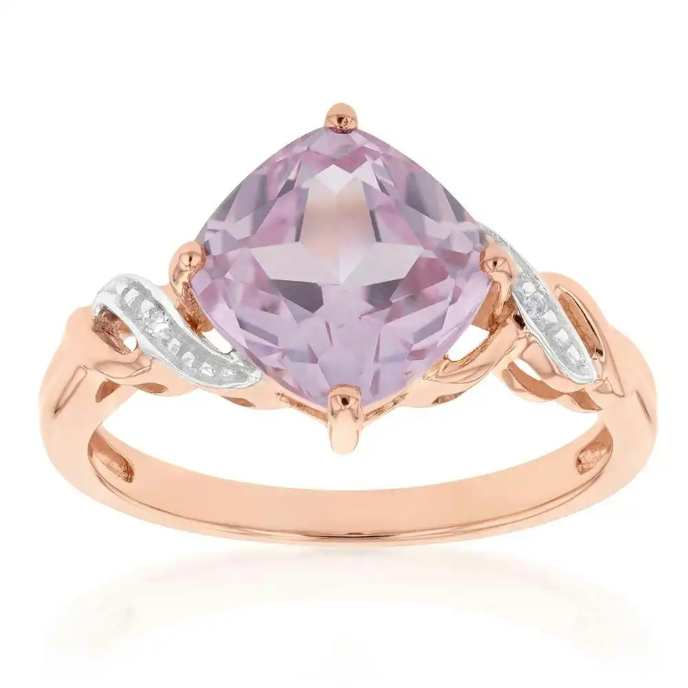 9ct Rose Gold Created Peach Sapphire and Diamond Cushion Cut  Ring