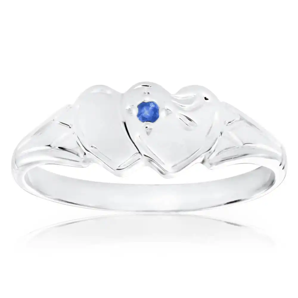 Sterling Silver Natural Sapphire 2Heart Signet Ring Size L
