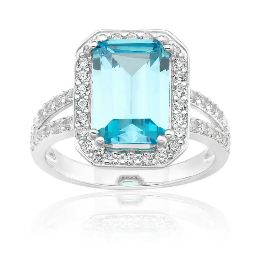 Sterling Silver Sky Blue Zirconia Emerald Cut Ring