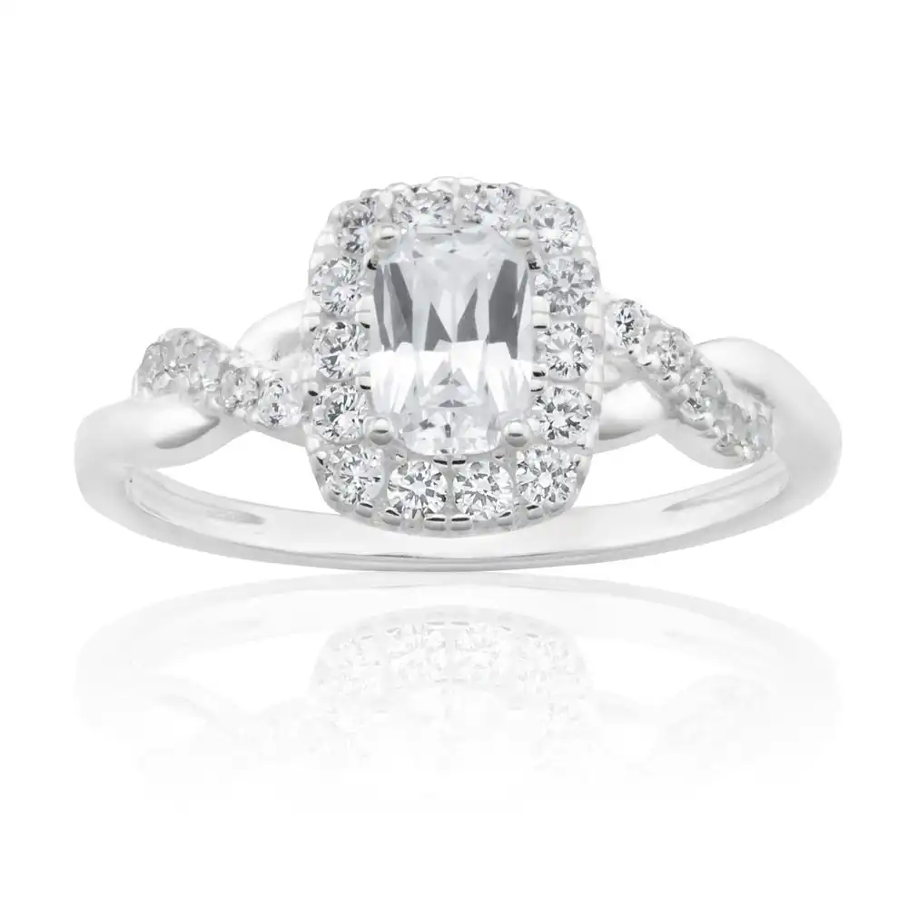 Sterling Silver Zirconia Cushion Cut Halo Crossover Ring