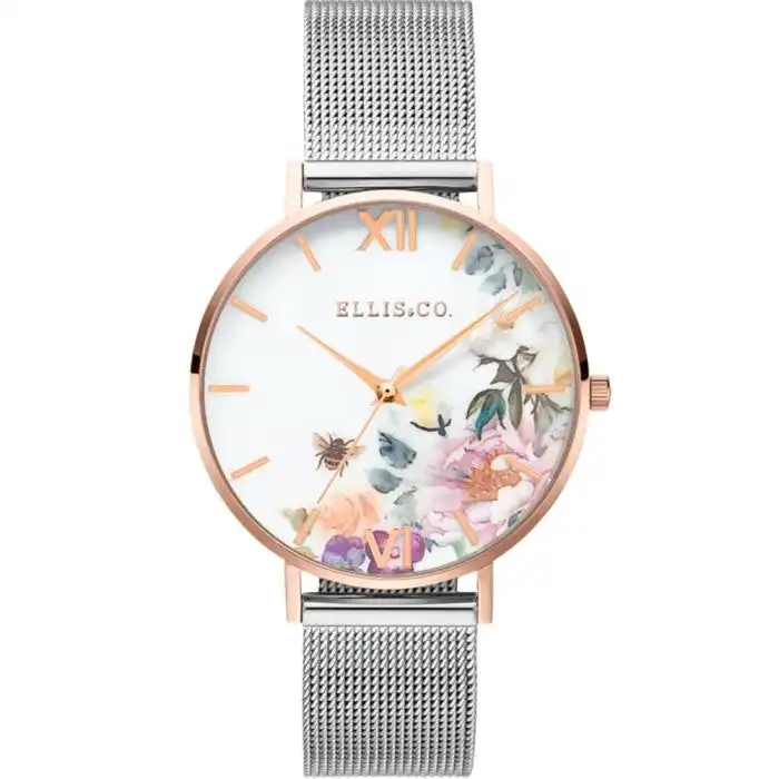 Ellis & Co 'Iris' Floral Stainless Steel Mesh With Rose Gold Tone Case Womens Watch