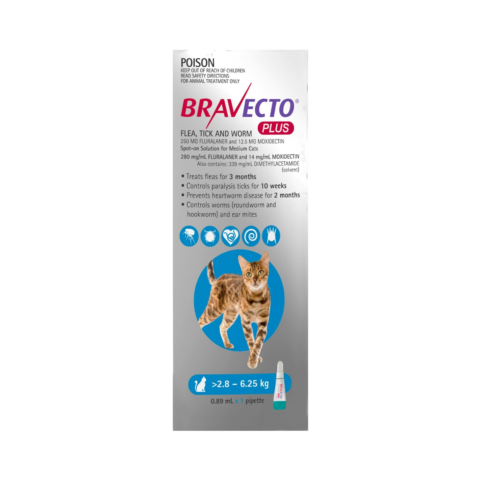 Bravecto Plus For Cats 2.8-6.25 Kg (Blue) 1 Pipette