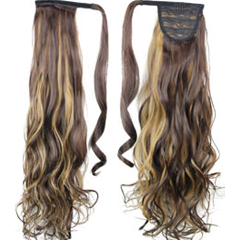 22" Medium Brown Blonde Synthetic Hair Extension Ponytail Curly Grade AAA