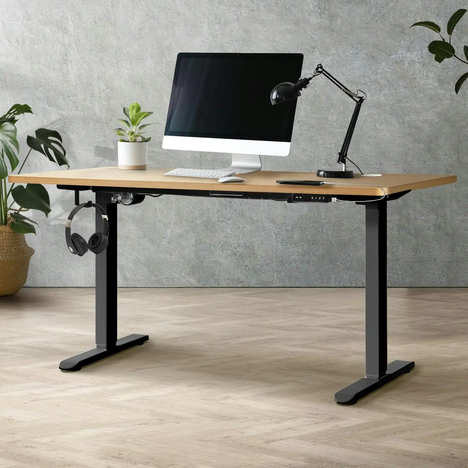 Oikiture 150CM Electric Standing Desk Single Motor Black Frame OAK Desktop With USB&Type C Port