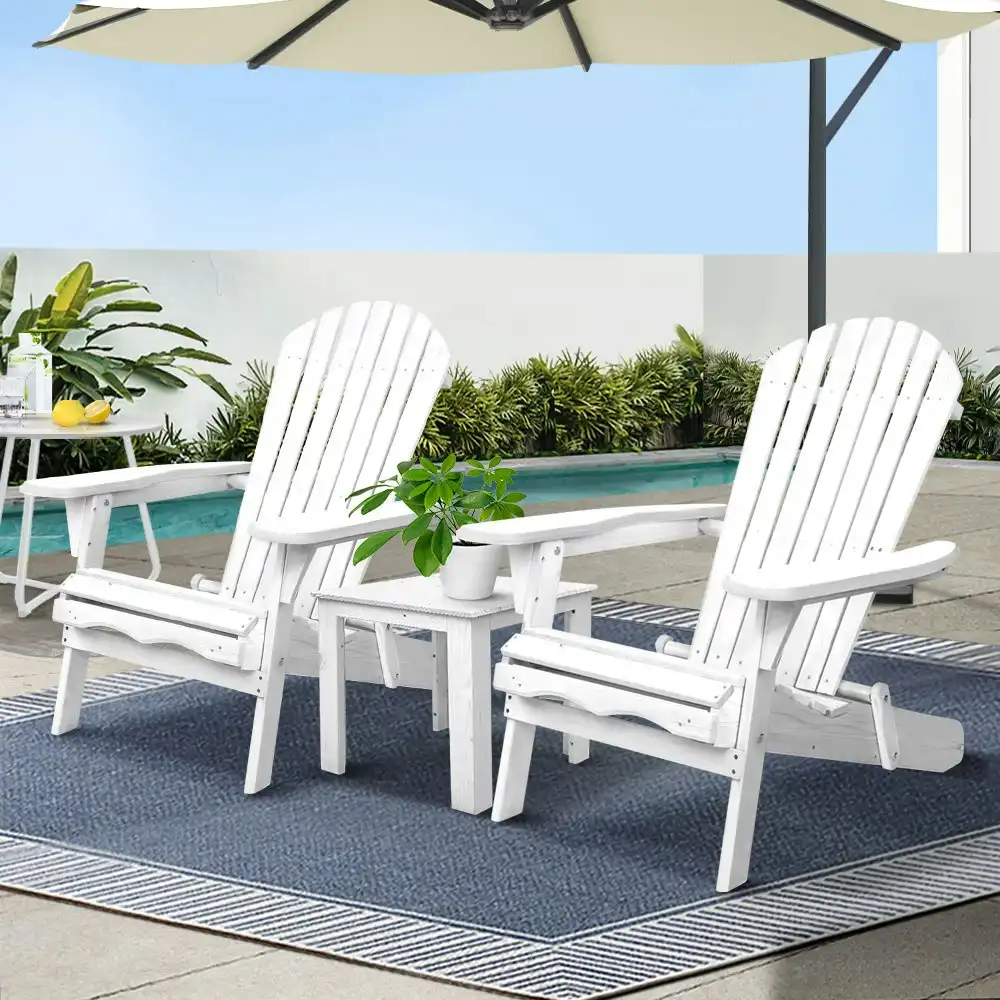 Gardeon 3PC Adirondack Outdoor Table and Chairs Wooden Foldable Beach Chair White