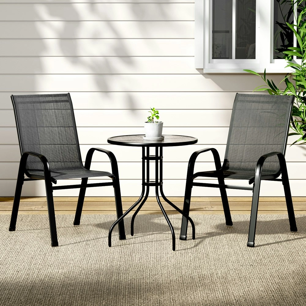 Gardeon 3PC Outdoor Bistro Set Table and Chairs Stackable Patio Furniture Black