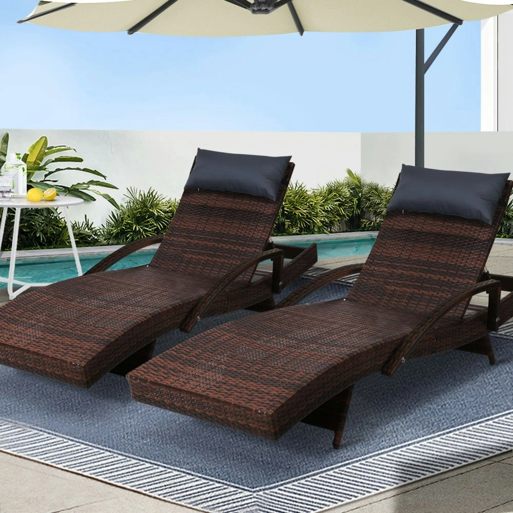 Gardeon 2x Sun Lounge Wicker Lounger Outdoor Furniture Beach Chair Armrest Adjustable Brown