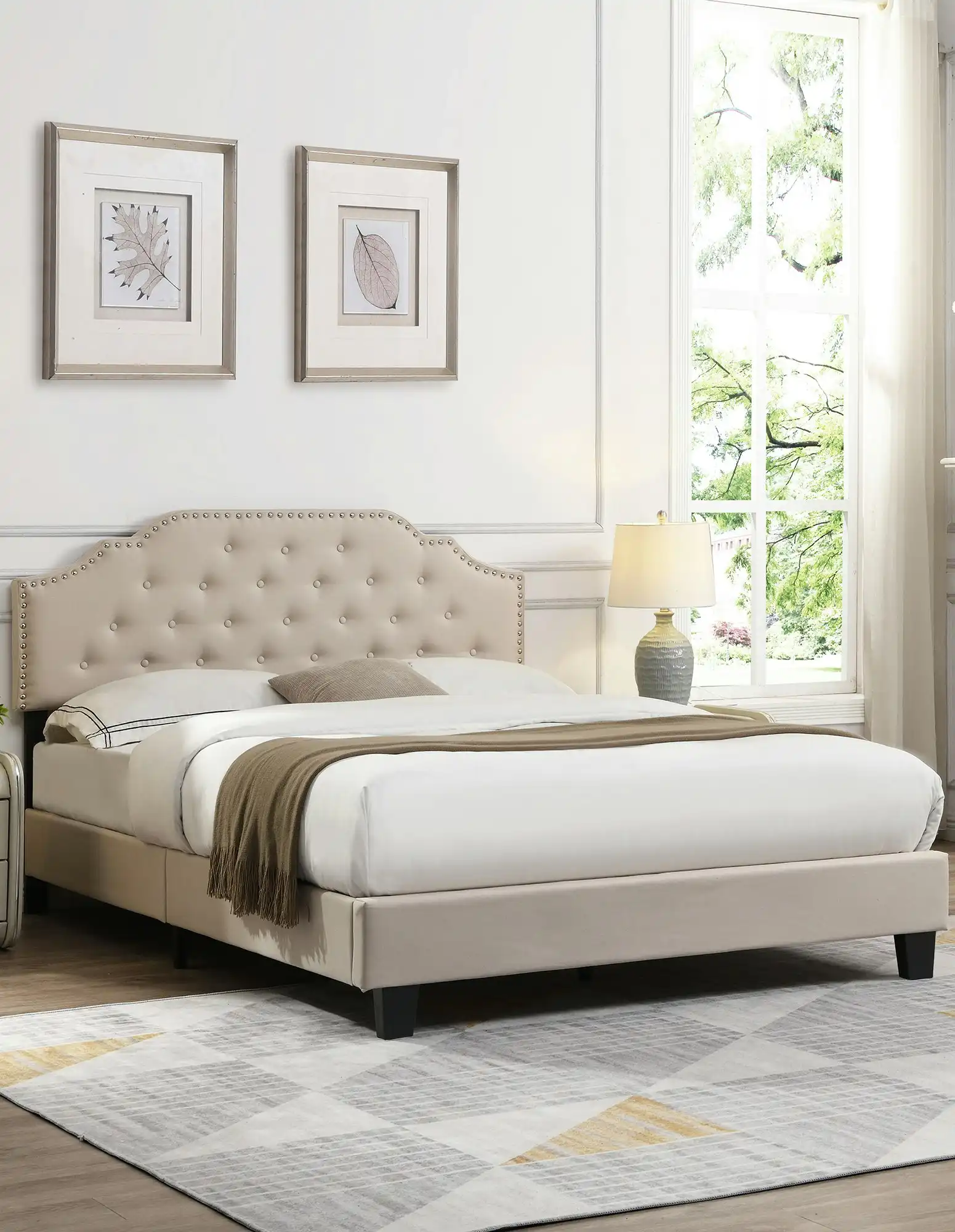 IHOMDEC BEF02 Double Size Bed Frame Base Mattress Platform Beige