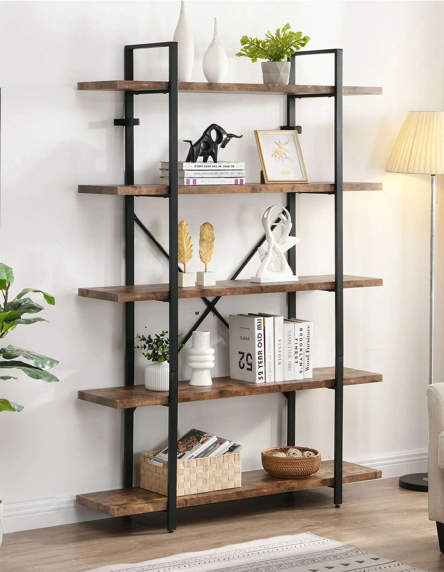 IHOMDEC 5-Tier Industrial Style Bookshelf Rustic Dark Brown