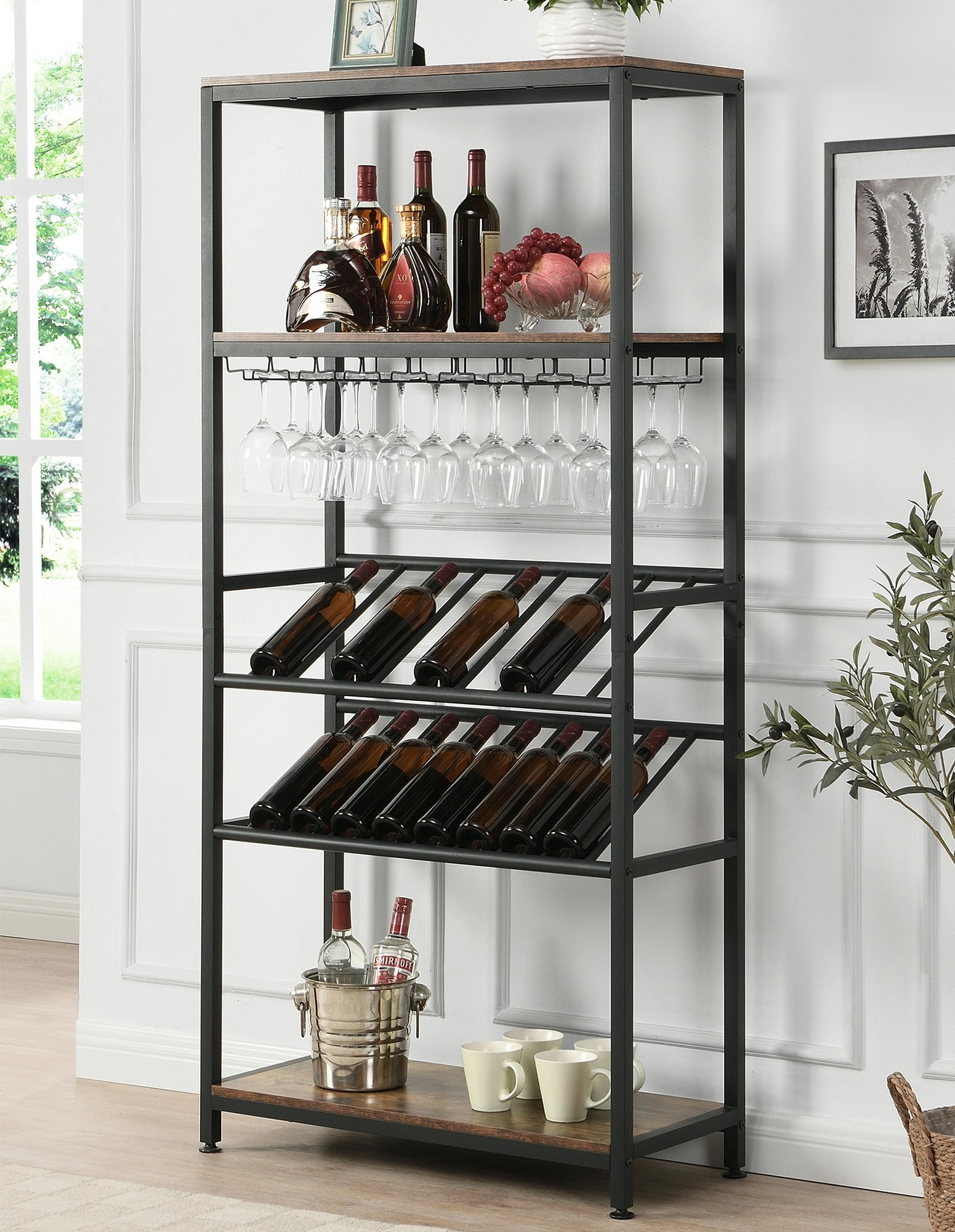 IHOMDEC 5-Tier Open Metal & Faux Antique 16 Bottles 24 Glasses Wood Wine Rack