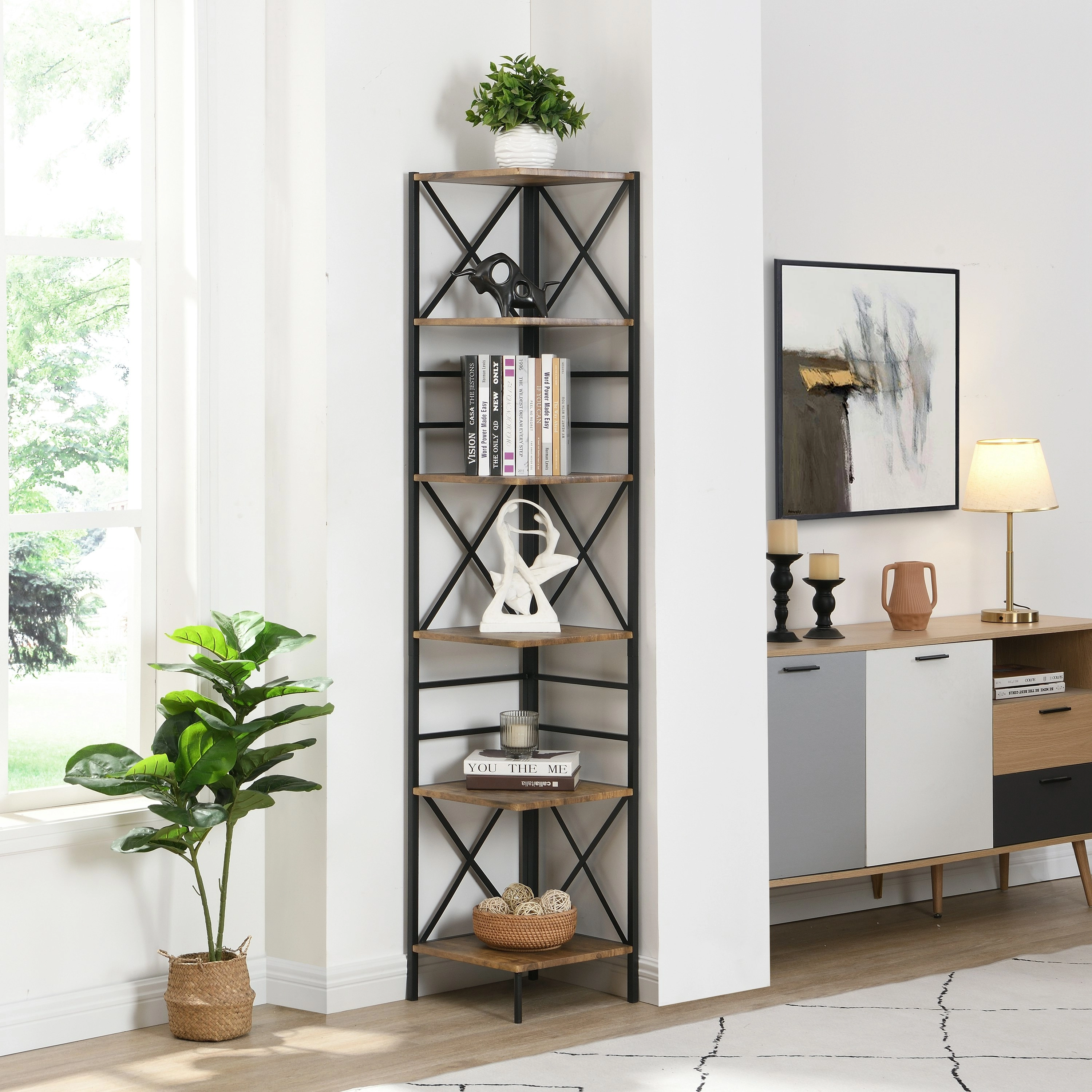 IHOMDEC Industrial 6-Tier Square Corner Bookshelf, 186.5cmH Rustic Dark Brown