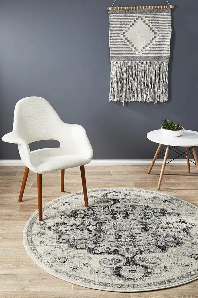 Rug Culture Museum Transitional Charcoal Round Rug