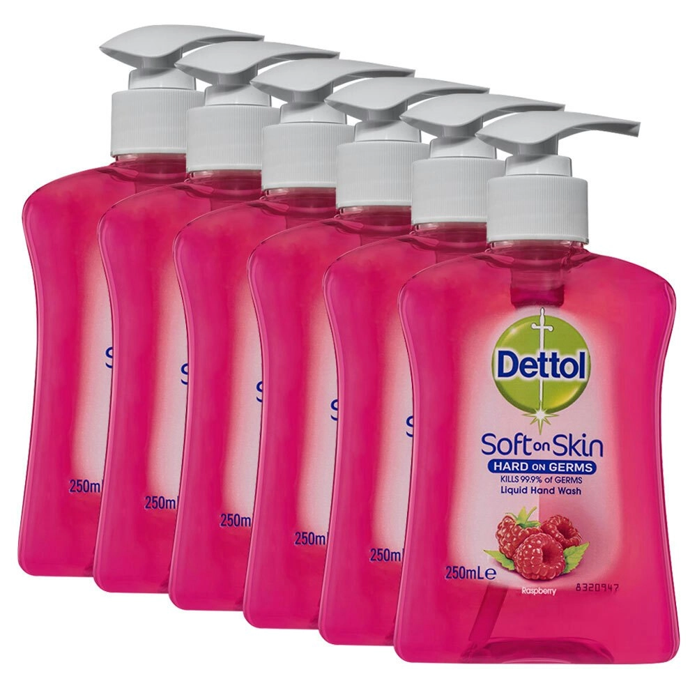 6x Dettol 250ml Liquid Soft on Skin Hand Wash Antibacterial Soap Raspberry Pump