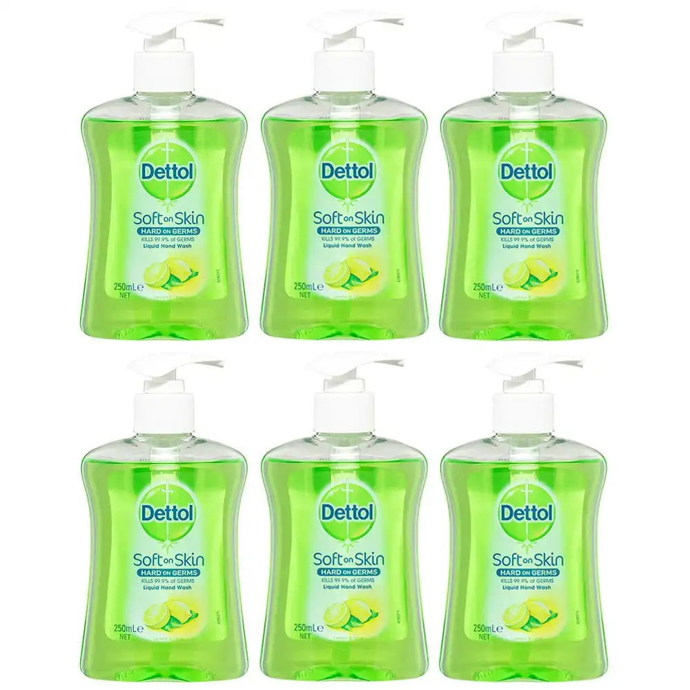 6x Dettol 250ml Liquid Home Hand Care Wash Antibacterial Soap Lemon/Lime Pump