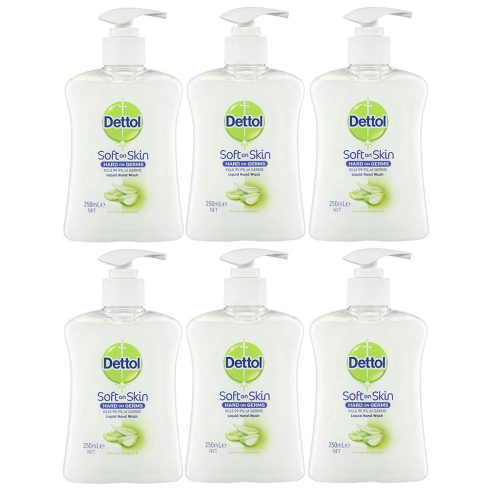 6pc Dettol 250ml Liquid Hand Wash Soap Antibacterial Aloe Vera/Vitamin E w/ Pump