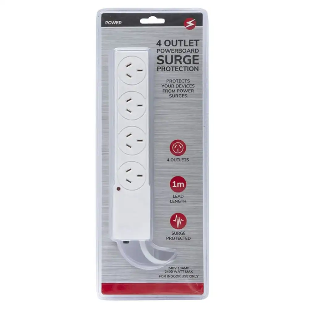 Power 4 Outlet Powerboard 1m Lead Extension Strip Socket w/ Surge Protection WHT