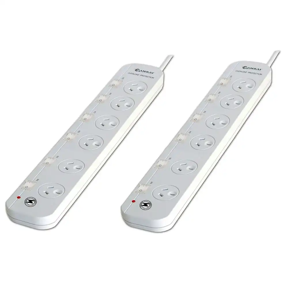 2x Power board 6 way Sockets Outlets Surge Protector Single Switched Powerboard