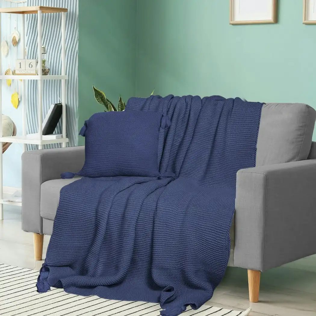 Dreamz Knitting Throw Blanket Cushion Set Pillow Tassel Fringe Sofa Bed Rug Navy