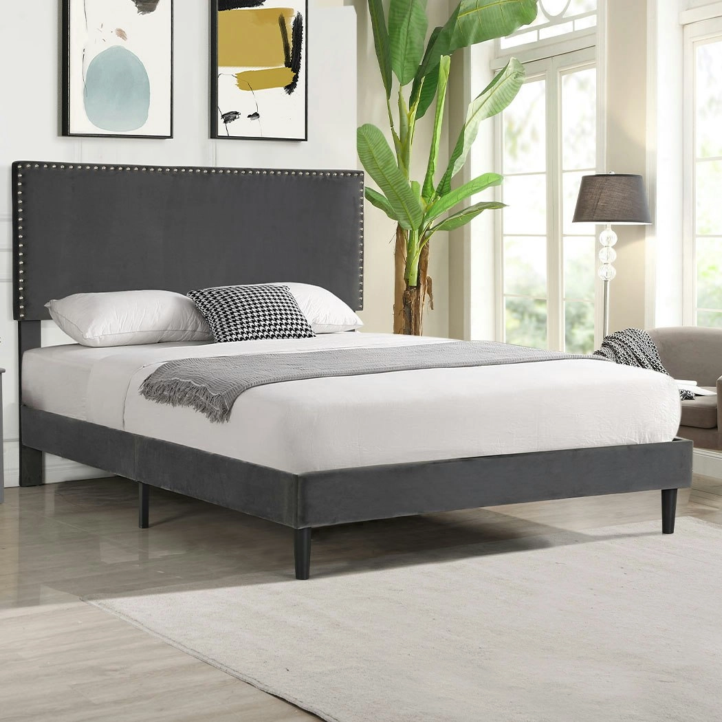 Levede Bed Frame Queen Mattress Base Platform Velvet Adjustable Headboard Grey