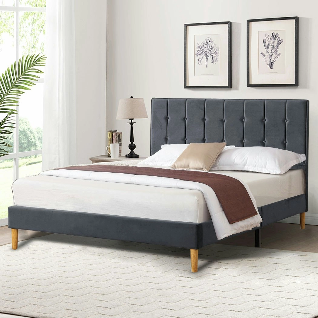 Levede Bed Frame Queen Size Mattress Base Platform Wooden Velvet Headboard Grey